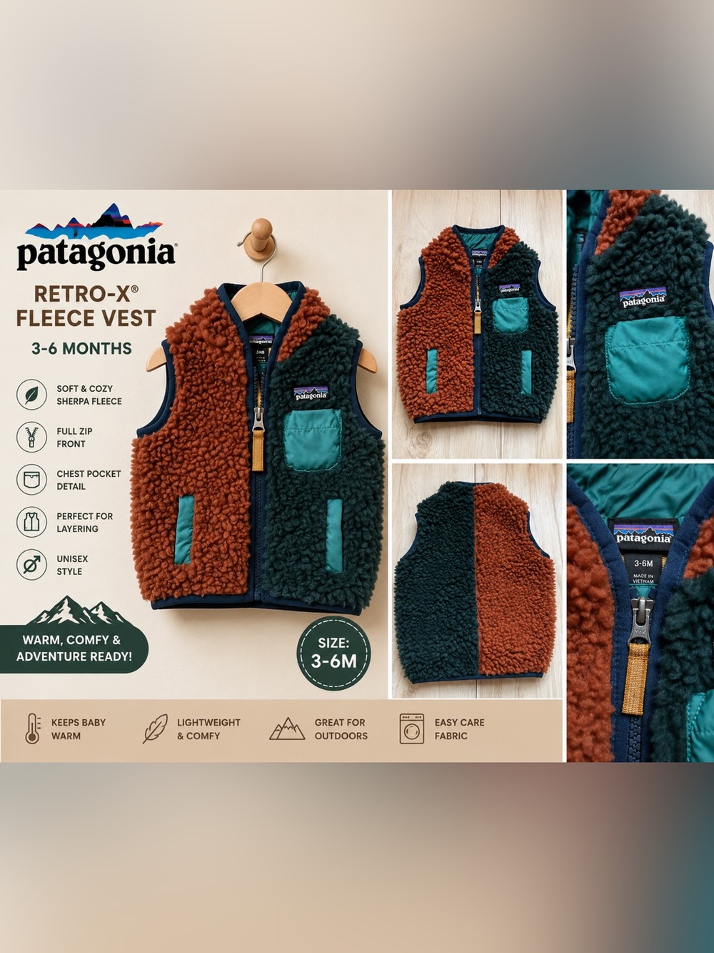 Patagonia Baby Retro-X Fleece Vest 3-6M Colorblock Sherpa Brown Green Full Zip